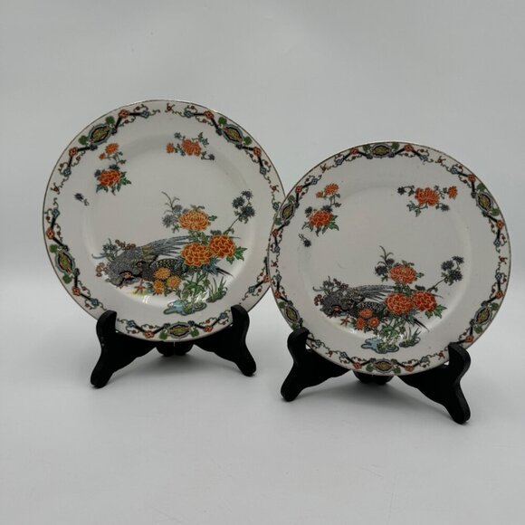 Vintage John Maddock and Sons Royal Vitreous Peacock Dessert Plate set of two - Picture 1 of 15